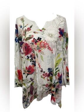 JESS & JANE Tunic Top Floral Semi Sheer Burnout Asymmetric Hem 2X Artsy Colorful